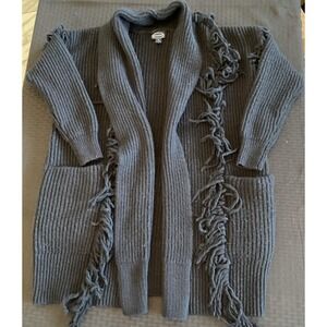 Scoop Cardigan Womens Medium Black Fringe Open Front Ribbed Knit Sweater Pockets